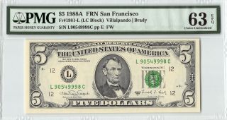 United States 1988a Fr.  1981 - L Pmg Choice Unc 63 Epq 5 Dollars San Francisco Frn