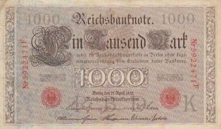 1910 Germany 1,  000 Mark Note,  Pick 44b