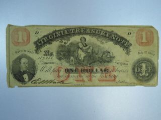 1862 $1 Virginia Treasury Note Obsolete Currency Cu056/bn