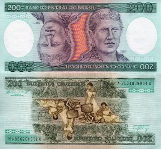 Brazil 200 Cruzeiros Banknote World Paper Money Unc Currency Pick P199b Bill