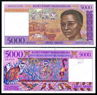Madagascar 5000 5,  000 Francs Nd 1995 P 78 A Prefix Unc