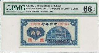 Central Bank China 20 Cents=2 Chiao Nd (1931) Pmg 66epq