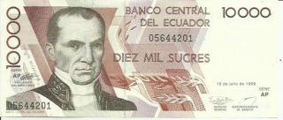 Ecuador 10000 Sucres 1999 P 127 Unc.  3rw 30 Oct