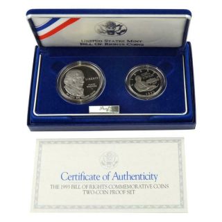 1993 S Bill Of Rights Commemorative Silver Dollar 2 Coin Proof Set Box