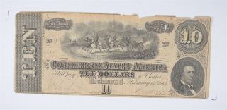 Civil War 1864 $10.  00 Confederate States Horse Blanket Note 127