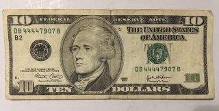 2003 Series $10 Us Dollar Bill Fancy S Db 44447907 B