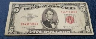 1953 B $5 Dollar Bill Old Us Paper Money Currency Red Seal Note Real