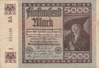 1922 Germany 5,  000 Mark Note,  Pick 81c