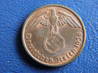 1938d Nazi German Bronze 2 Reichspfennig With Swastika - D - Munich - 19 - 95