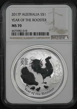 2017p Australia Lunar Series Ii Silver $1 Year Of The Rooster Ngc Ms - 70 - 179741