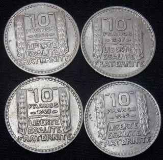 France,  4 Diff Years 10 Francs Coins Of The Years: 1946,  1947,  1948,  1949