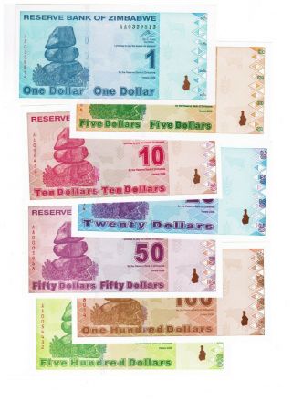 Zimbabwe “complete 2009 Issue” 4th Dollar Zwl $1 - $500 P92 93 94 95 96 97 98 Unc