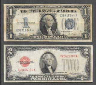 (2) $1 1934 Funny Back,  $2 1928 D Mule Red Seal Notes