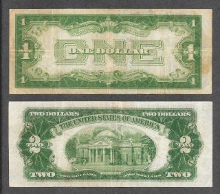 (2) $1 1934 Funny Back,  $2 1928 D MULE Red Seal Notes 2