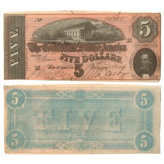 1864 Civil War Confederate States Of America Richmond Signed $5 Series 6 Note