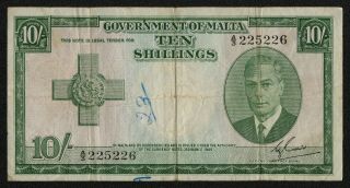 Malta (p21a) 10 Shillings 1949 Avf/f,