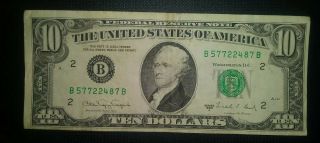 1988 $10 Dollar Bill Series A Federal Reserve Bank Of York B57722487b