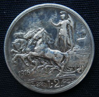 1916 Italy Kingdom Silver Coin 2 Lire Vf Quadriga Briosa