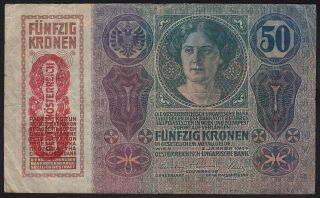 1914 Austria 50 Kronen 1919 Overprint Old Paper Money Banknote Currency P 54a Vf