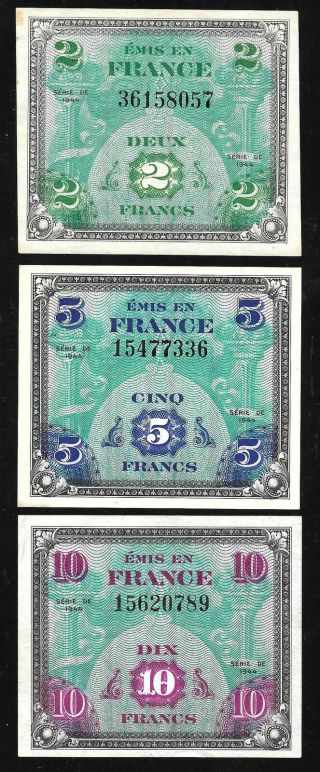 France - Wwii - Allied Military Currency (amc) 2,  5,  & 10 Franc Notes - 1944
