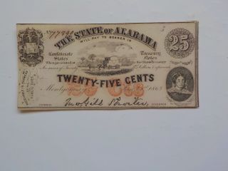 Civil War Confederate 1863 25 Cents Note Montgomery Alabama Paper Money Csa