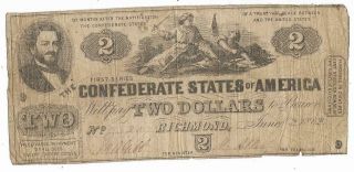 Confederate States Of America $2.  00 Bank Note,  T - 42,  Cr335,  Plt 9,  Good Circ