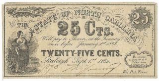 Csa North Carolina Fractional Bank Note,  25 Cents,  Issued 9/1/62,  Cr112a,  Uncir