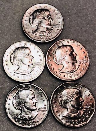 5 Susan B Anthony 1980 S P 1979 D P Dollar Coins