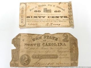 2 Civil War Confederate Bank Notes 60c Cents Virgina Two Dollars North Carolina