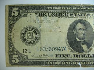 Five $5 Bill U.  S.  Fed Reserve Note 1914 Large S.  F.  Blue Seal