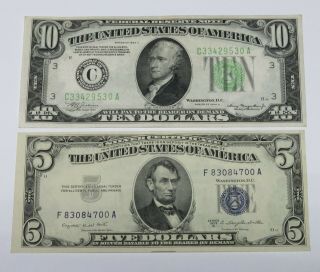 1934 - A $10 Federal Reserve Note & 1953 - B $5 Silver Certificate