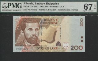 Tt Pk 71a 2007 Albania Banka E Shqiperise 200 Leke " Naim Frasheri " Pmg 67 Epq