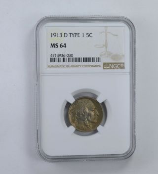 Ms64 1913 - D Indian Head Buffalo Nickel - Type 1 - Graded Ngc 1627