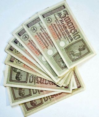 German Paper Money 20 Reichsmarks.  20 Century