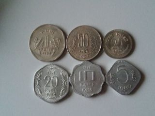 India Set Of 6 Coins 1 Rupee 50,  25,  20,  10,  5 Paisa 1980 - 1989