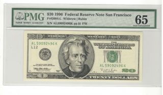 $20 1996 Federal Reserve Note Fr.  2084 - L Twenty Dollars Pmg 65 -