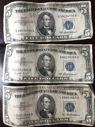 Three 1953 A $5 Five Dollar Blue Seal Silver Certificate Star Notes.