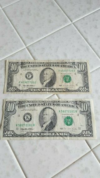 2 U.  S.  Federal Reserve Note Ten Dollar Bills.