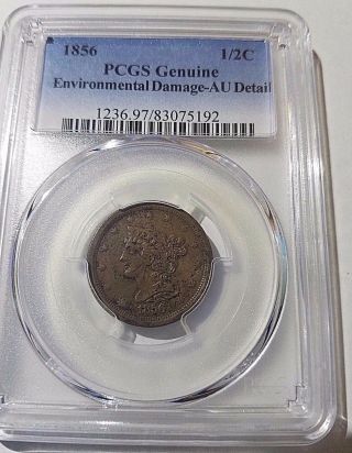 1856 Braided Hair Early Copper Half Cent 1/2c - Pcgs Au Details