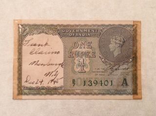 - British India One Rupee 1940 Banknote George Vi P25d Ww Ii Era Short Snorter