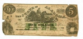 1 Jan 1864 $5 Montgomery Alabama Broken Bank Note Obsolete Currency