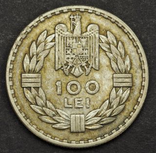 1932,  Kingdom of Romania,  Carol II.  Silver 100 Lei Coin.  aXF 2