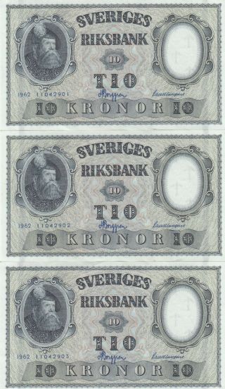 Sweden 10 Kronor 1962 - 3 With Consecutive Serial Numbers.  Unc