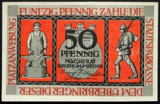 Bielefeld 1918 " Blacksmith And Soldier " 50 Pf German Notgeld