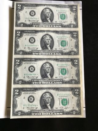 Series 1976 Uncut $2 Dollar Bills (uncut Sheet Of 4 X $2) Star Notes