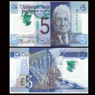 Scotland 5 Pounds,  2015,  P - 369,  Polymer Note,  Unc Clydesdale Bank