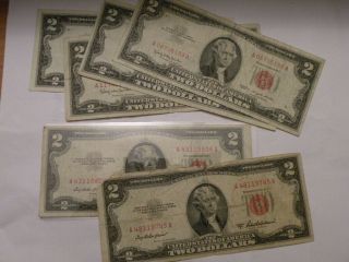 (4) Two Dollar Bills 1963 Red Seal,  (1) 1953 A,  (1) 1953 Red Seal