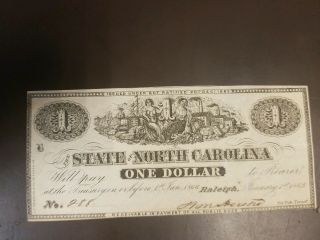 Obsolete 1863 $1.  State Of Raleigh,  North Carolina Remainder Banknote / A - Unc.