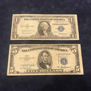 1935 - F $1 And 1953 - A $5 Silver Certificate Star Notes - Usa