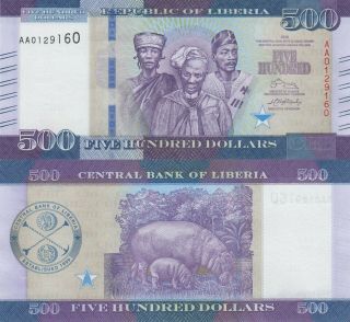 Liberia 500 Dollars (2016) - Liberian People/hippos/p35 Unc